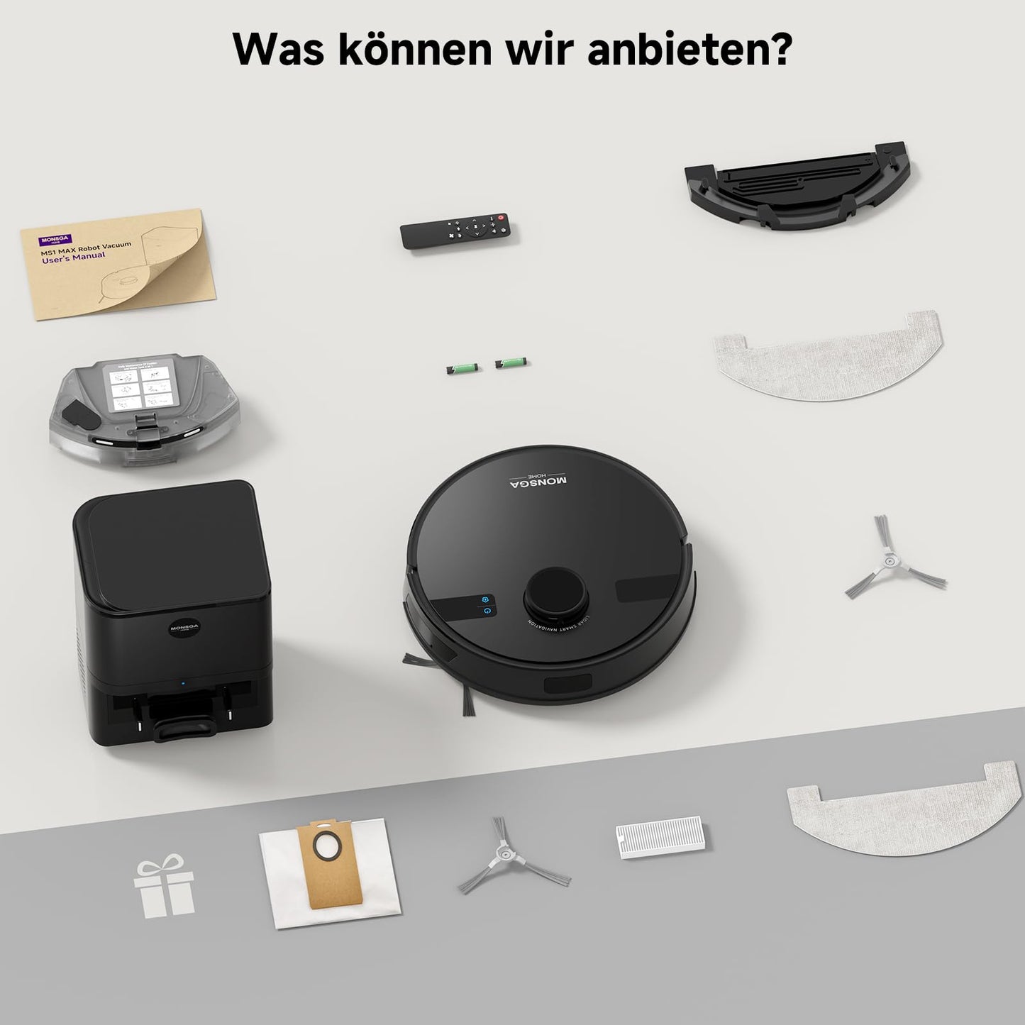 MONSGA Saug- & Wischroboter 5000 Pa LiDAR, 3,5 L Absaugstation, 180 Min, App