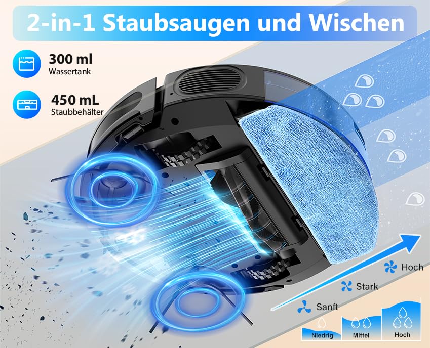 Tikom G8000 Max Saug- & Wischroboter 5000 Pa WLAN, 150 Min, Selbstaufladend