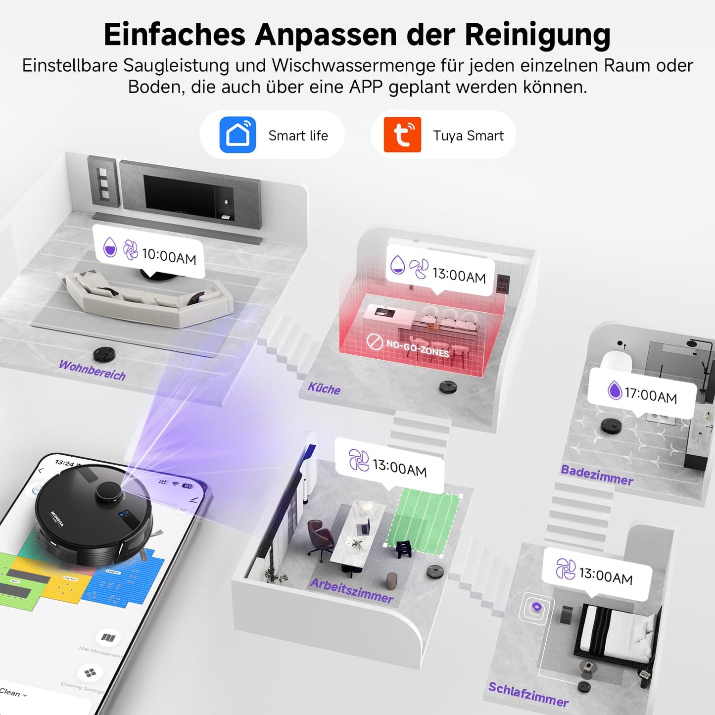 MONSGA Saug- & Wischroboter 5000 Pa LiDAR, 3,5 L Absaugstation, 180 Min, App