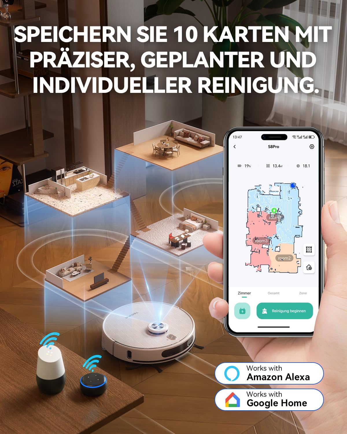 Tesvor S8Pro Saug- & Wischroboter 8000 Pa LiDAR, 240 Min, App & Alexa