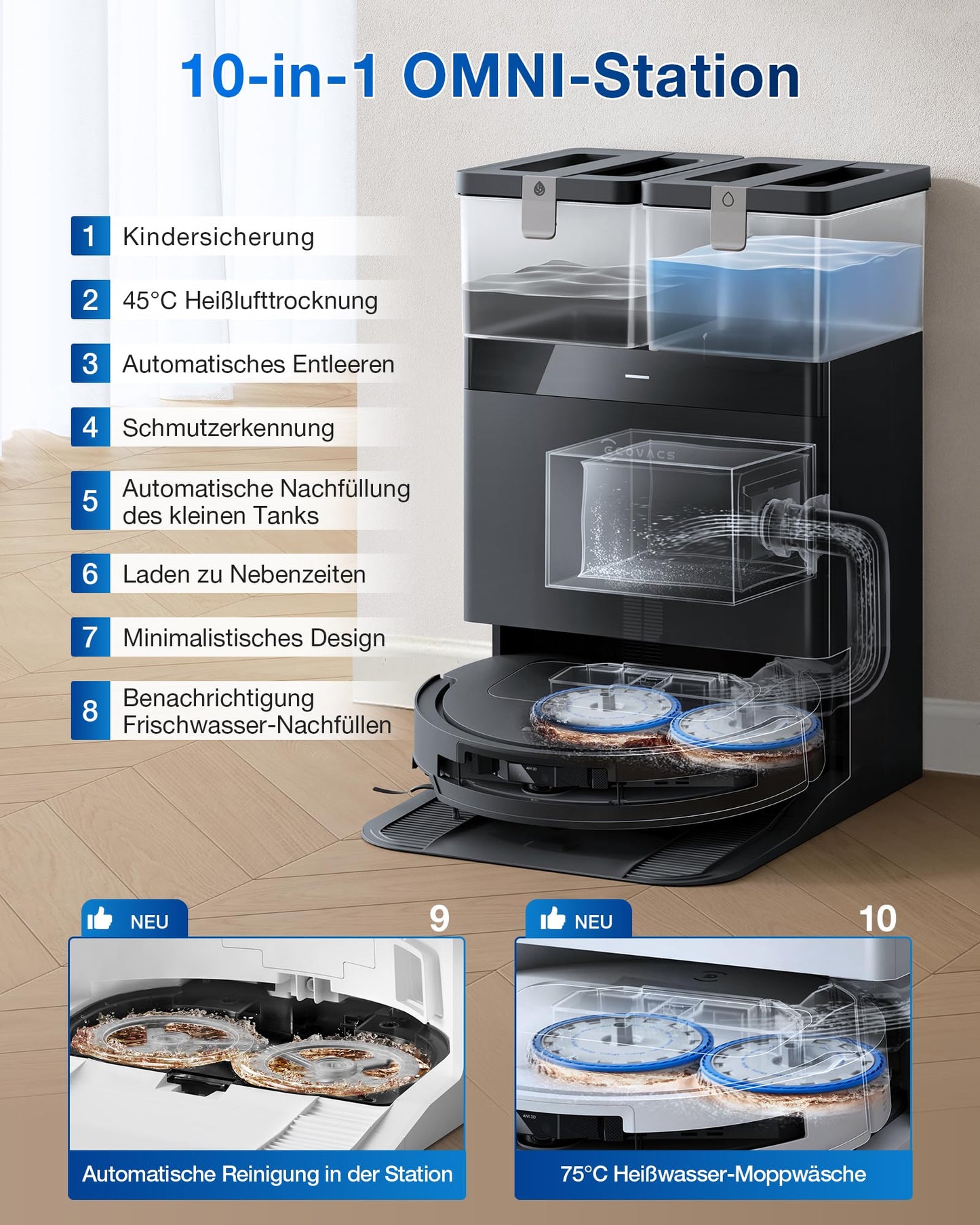 ECOVACS DEEBOT T50 Omni Saug- & Wischroboter 15.000 Pa ZeroTangle, All-in-One Station